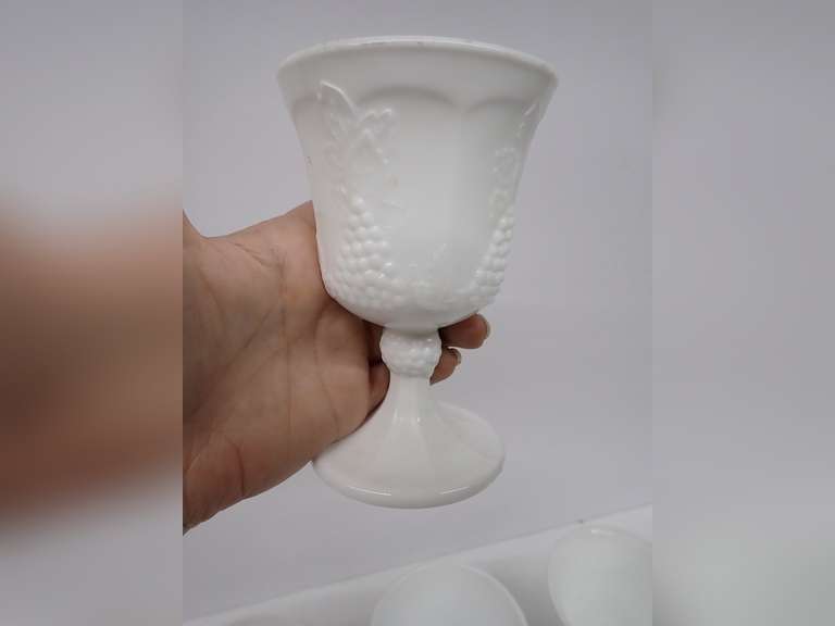 Vintage Milk Glass Goblets with Grape Design