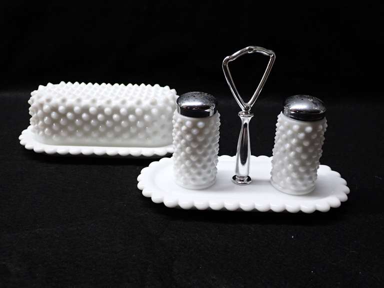 Hobnail Milk Glass Butter Dish and Salt & Pepper Set - Possibly Fenton