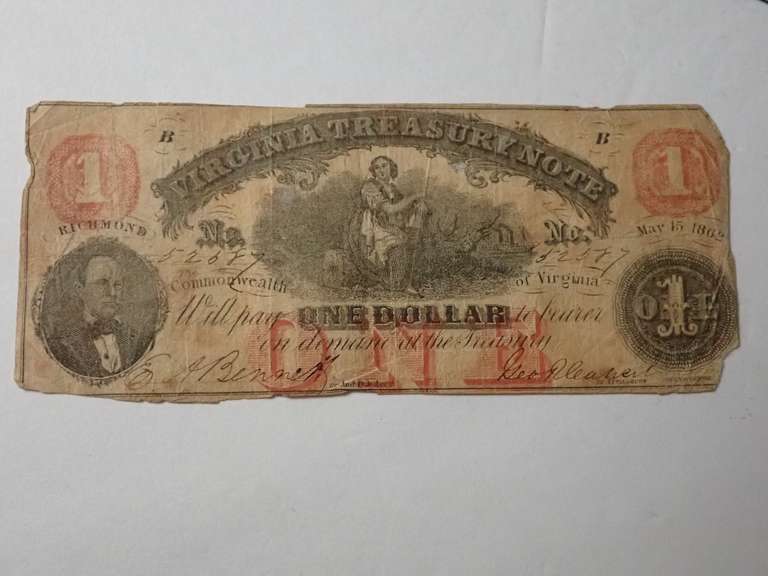 1862 VIRGINIA TREASURY $1 BANK NOTE