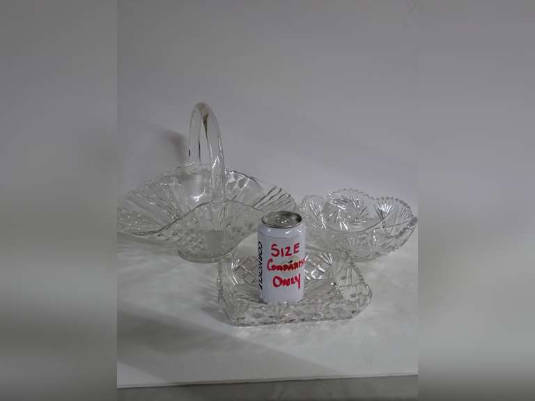 Three Piece Cut Glass Serving Set: Basket, Square Dish, and Bowl