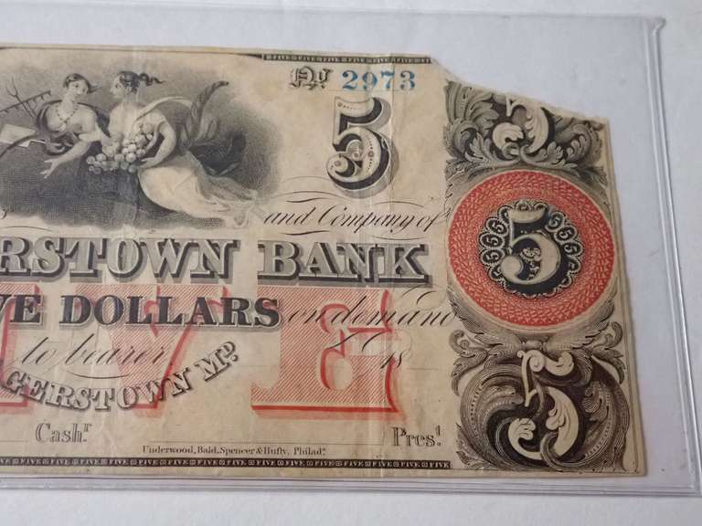1800s HAGERSTOWN BANK $5 BANK NOTE