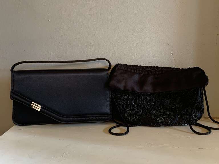 VINTAGE NEW BLACK BEADED EVENING PURSE BY COLUMBINE & VINTAGE NEW BLACK SATIN EVENING PURSE (ONE RHINESTONE MISSING) - DINING ROOM
