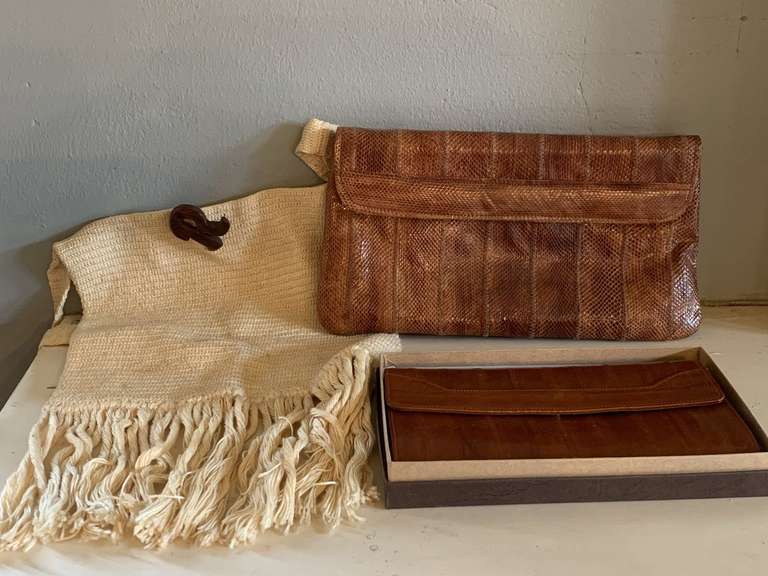 VINTAGE COCOA BROWN PURSE, VINTAGE NEW EEL SKIN LEATHER WALLET IN ORIGINAL BOX & VINTAGE HANDMADE CROSSBODY BAG - DINING ROOM
