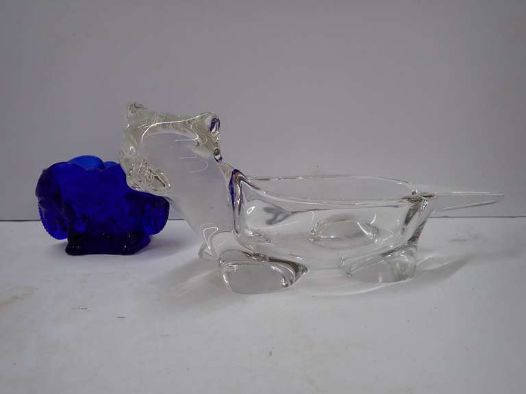 Two Decorative Glass Pieces - Clear Cat Trinket Dish and Blue Elephant