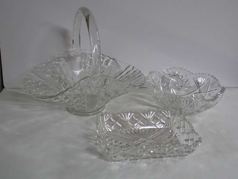 Three Piece Cut Glass Serving Set: Basket, Square Dish, and Bowl