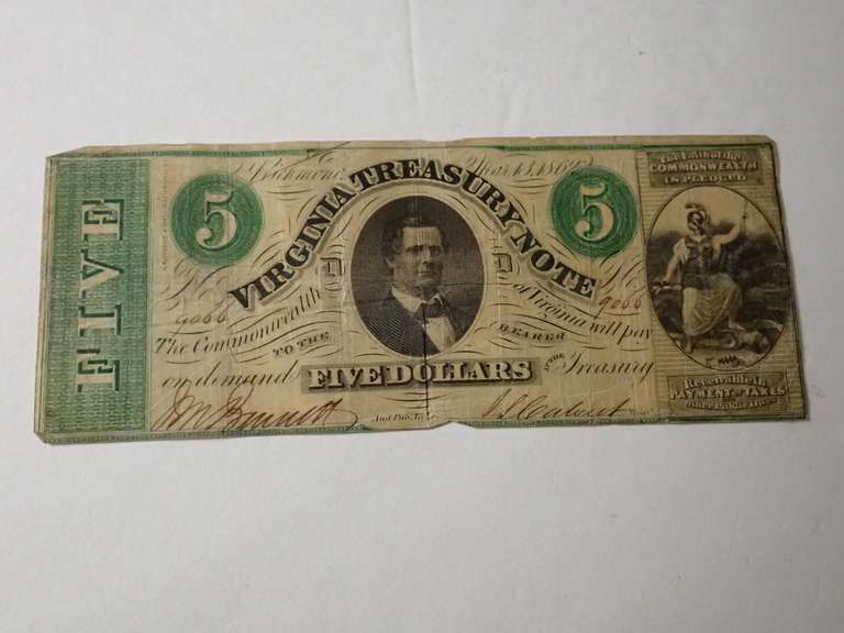 1862 VIRGINIA TREASURY $5 BANK NOTE