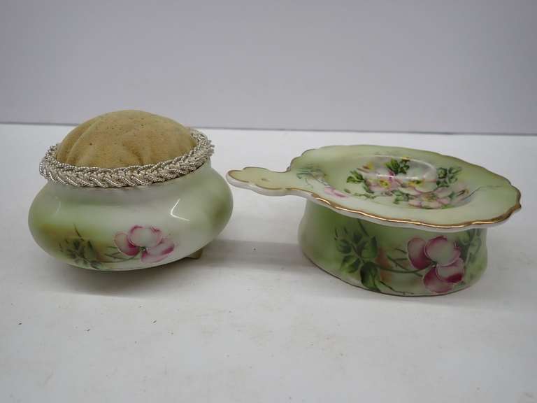 Hand Painted Nippon Porcelain Pin Cushion and Tea Strainer Set