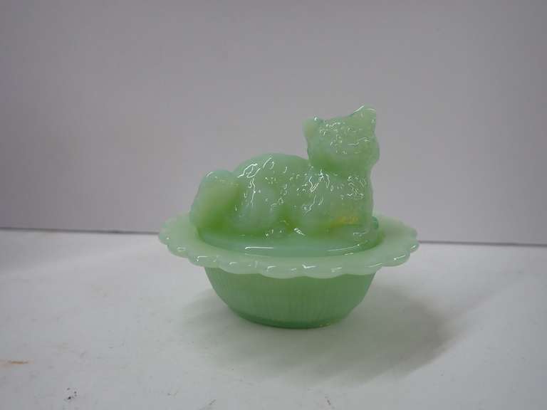 Mid Century Mosser Art Glass Jadeite Nesting Cat