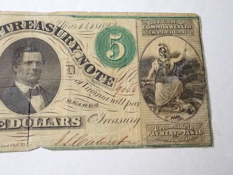 1862 VIRGINIA TREASURY $5 BANK NOTE