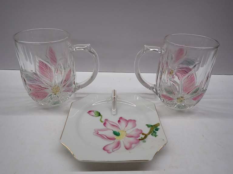 Floral Decorated Mug Set with Decorative Tray - Made in Occupied Japan