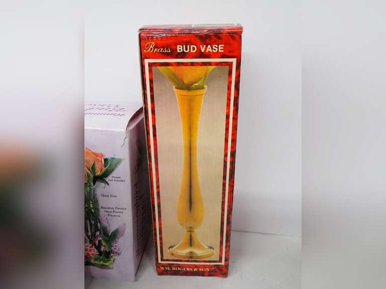 Group of Assorted Vases: Stoneware, Brass, and Hummingbird Bud Vases