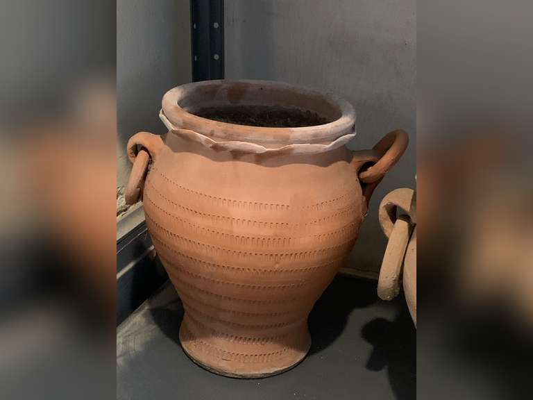 VINTAGE TERRACOTTA ITALIAN HANDMADE ROUND CASPO PLANTER 7 1/2" ROUND X 11" TALL - PANTRY