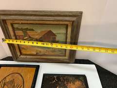 Framed artwork, three pieces, includes a signed piece by Milton Fruehauf, see pictures for details.