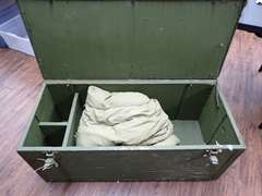Vintage Military Drab Footlocker Trunk with US Military Sleeping Bag - Measurements in photos.