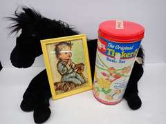 TinkerToy Set, Plush Horse, and Vintage Framed Print