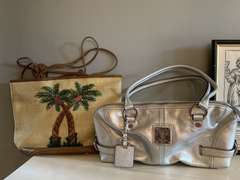 2 LADIES PURSES (SILVER BAG BY TIGNANELLO, WOVEN SUMMER BAG) - DINING ROOM