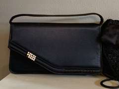 VINTAGE NEW BLACK BEADED EVENING PURSE BY COLUMBINE & VINTAGE NEW BLACK SATIN EVENING PURSE (ONE RHINESTONE MISSING) - DINING ROOM