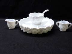 White Milk Glass Relish Dish, Divided Dish and Creamer/Sugar Bowl Set