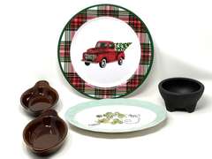 Assorted kitchen items to include a vintage Corona ironstone ware platter, restaurant style salsa bowl, vintage Bel-Terr brown glazed au gratin baking dishes, and plastic Christmas plate. Five pieces total, see pictures for detail details.