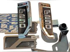 FORD F-250 STX CHROME FENDER EMBLEMS 2017-2022, BUMPER CLIPS AND CONNECTORS, LIGHT GRILLE COVERS  &  10 PIECE DECALS IN LIGHTENING BLUE - (OEM PARTS)