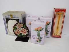 Group of Assorted Vases: Stoneware, Brass, and Hummingbird Bud Vases