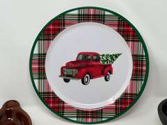 Assorted kitchen items to include a vintage Corona ironstone ware platter, restaurant style salsa bowl, vintage Bel-Terr brown glazed au gratin baking dishes, and plastic Christmas plate. Five pieces total, see pictures for detail details.