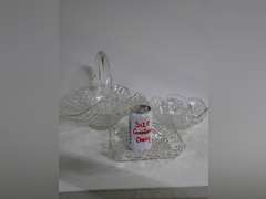 Three Piece Cut Glass Serving Set: Basket, Square Dish, and Bowl