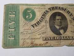 1862 VIRGINIA TREASURY $5 BANK NOTE