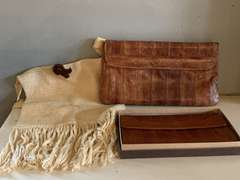 VINTAGE COCOA BROWN PURSE, VINTAGE NEW EEL SKIN LEATHER WALLET IN ORIGINAL BOX & VINTAGE HANDMADE CROSSBODY BAG - DINING ROOM