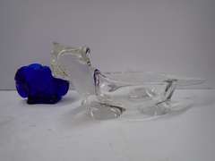 Two Decorative Glass Pieces - Clear Cat Trinket Dish and Blue Elephant