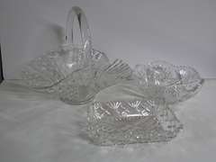 Three Piece Cut Glass Serving Set: Basket, Square Dish, and Bowl
