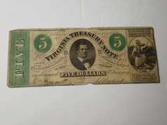 1862 VIRGINIA TREASURY $5 BANK NOTE