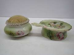 Hand Painted Nippon Porcelain Pin Cushion and Tea Strainer Set
