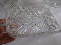 Three Piece Cut Glass Serving Set: Basket, Square Dish, and Bowl