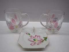 Floral Decorated Mug Set with Decorative Tray - Made in Occupied Japan