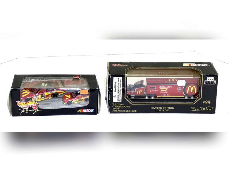 Hot wheels, #94 diecast stock car replicas, also includes #94, Bill Elliott racing team transport, still in original boxes, see pictures for details. image