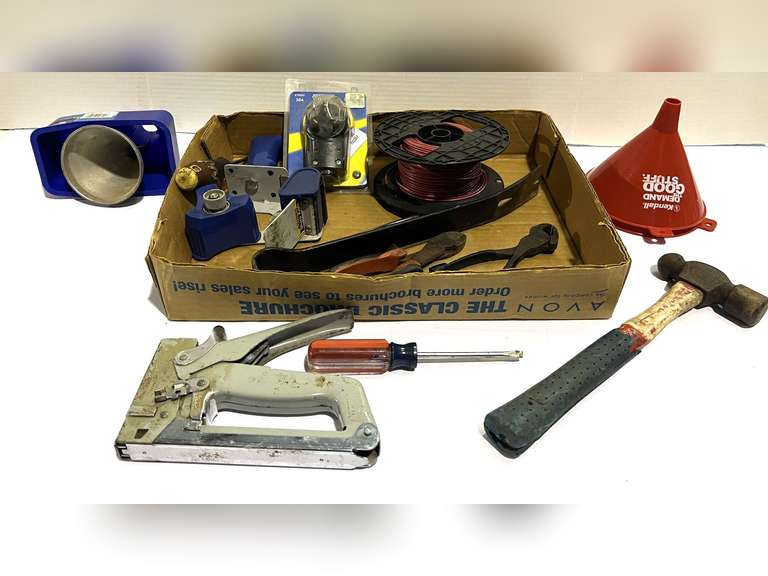 Assorted maintenance items to include a ball peen hammer, funnels, stapler, hand tool assortment, and more. See pictures for details. image