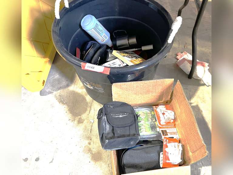Mystery lot of assorted household items, and more, tub included, see pictures for details. image