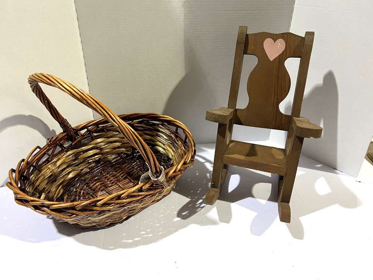 Woven basket, and doll rocking chair, see pictures for details. image