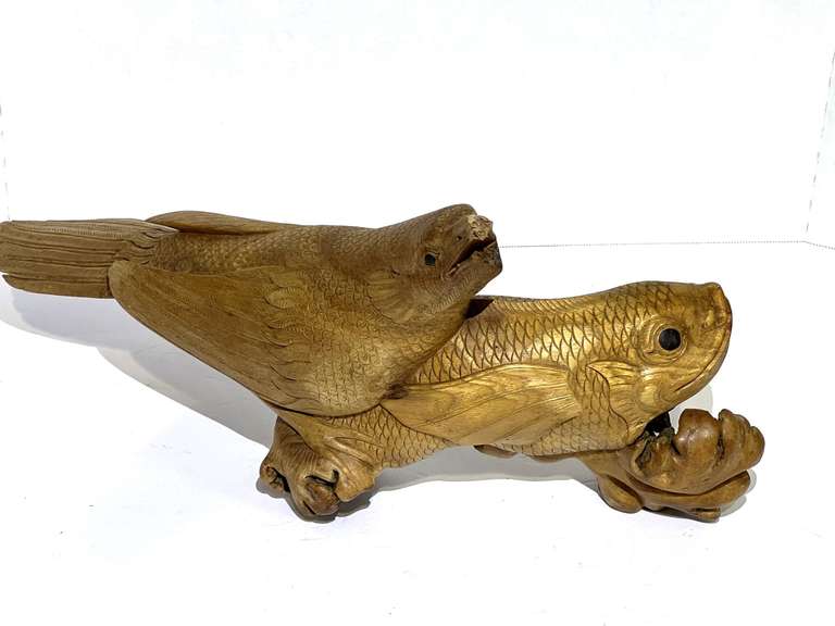 Wooden fish with bird sculpture, the beak has been damaged, see pictures for details. image