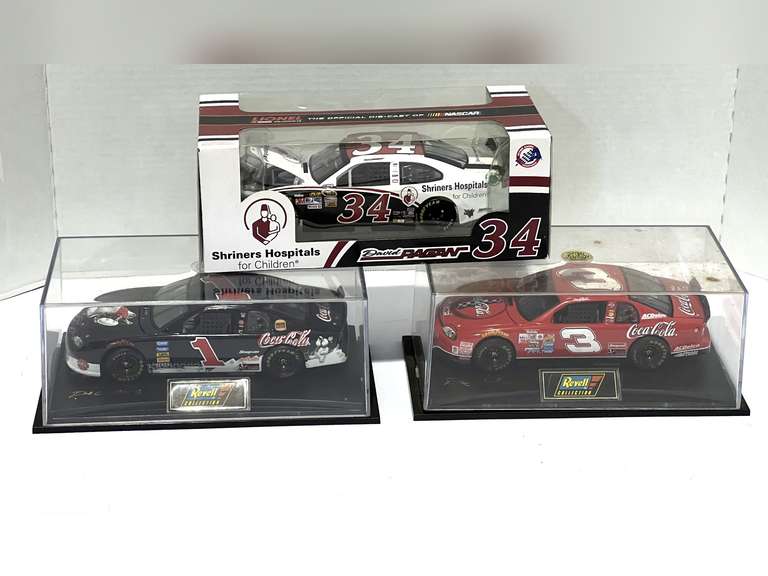 Dale Earnhardt/Dale Earnhardt Jr. Diecast stock car replicas with display cases, also includes #34, David Ragan diecast stock car replica, comes in original box, see pictures for details. image