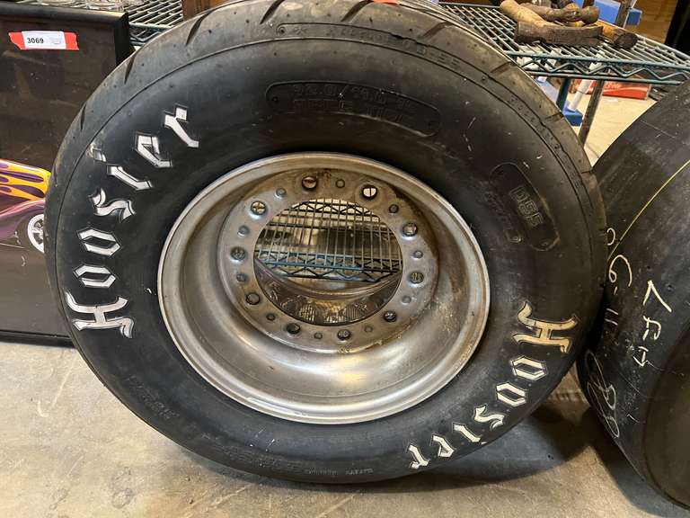 Used Hoosier racing tire with rim, 92.0/11.0-15, D55, is marked with #8 & #91, see pictures for details. image