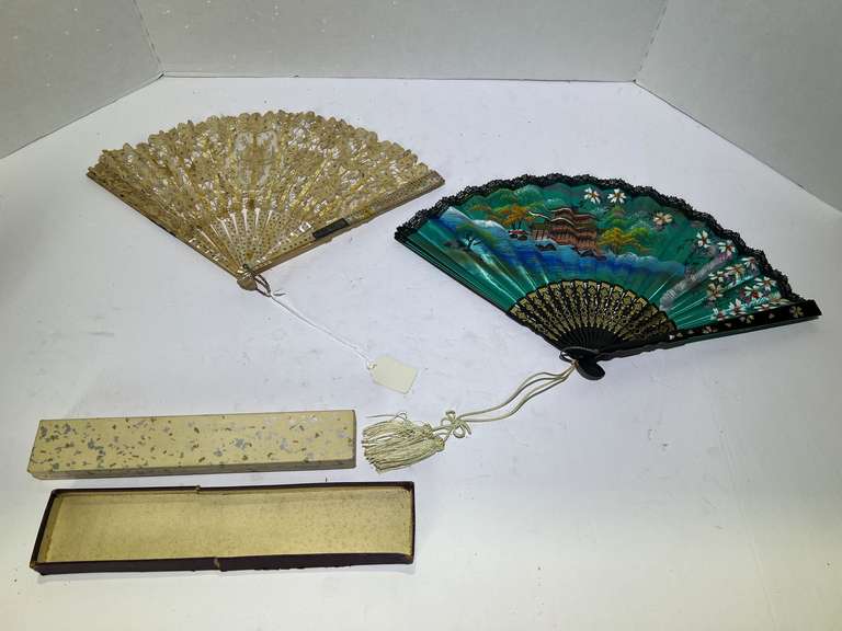Beautiful vintage ladies fans, one has an Asian motif, one is lace and mother of pearl, see pictures for details. image