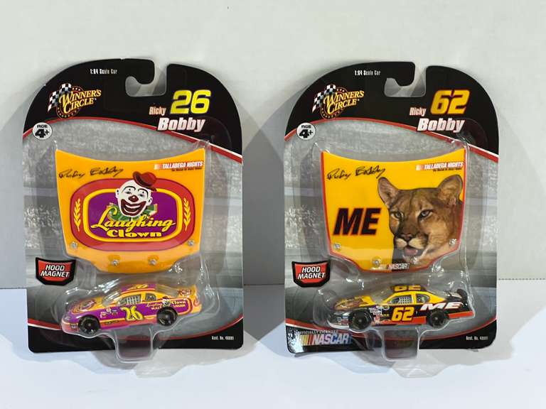 #26, and #62 diecast miniature stock car replicas, with hood magnets, two pieces, still in original packaging, see pictures for details. image
