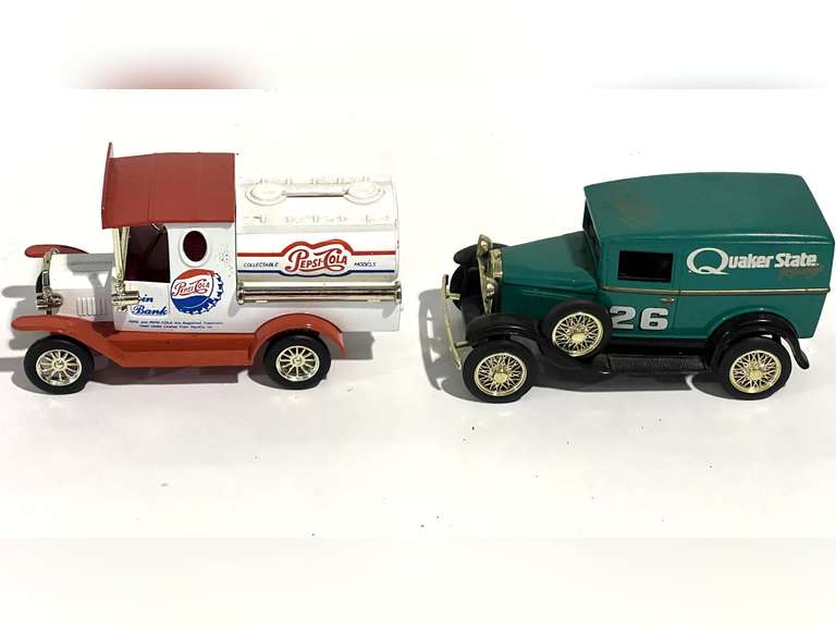 Diecast vintage truck coin bank replicas, two pieces, see pictures for details. image