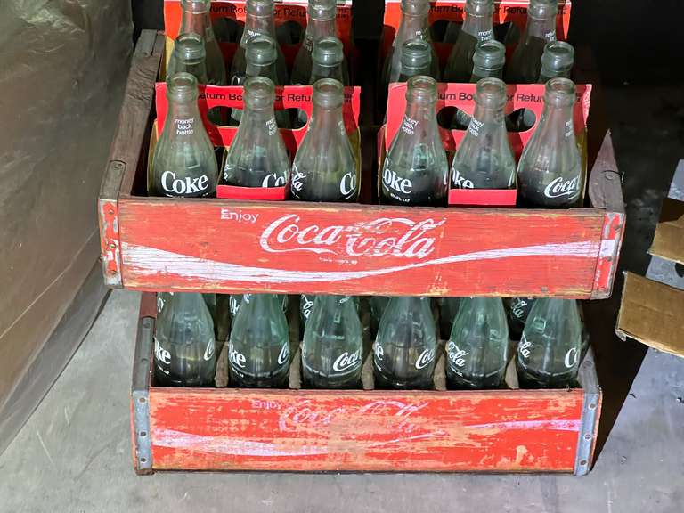 Vintage wooden Coca-Cola crates, also includes vintage glass Coca-Cola bottles, see pictures for details. image