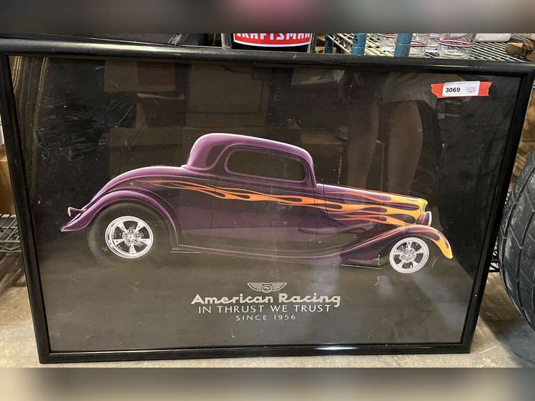 Framed American Racing poster featuring a ‘34 Ford, hi-boy coupe, see pictures for details. image