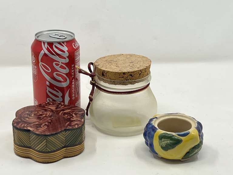 LR…Assorted home decor to include a scalloped covered trinket box, believed to be bamboo art, cork lidded jar, and more. See pictures for details.