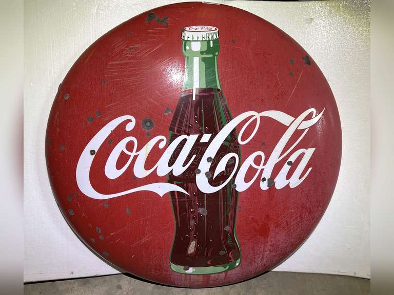 Vintage enameled metal Coca-Cola button sign, 48 inches, does have wear (enamel chipping), see pictures for details. image