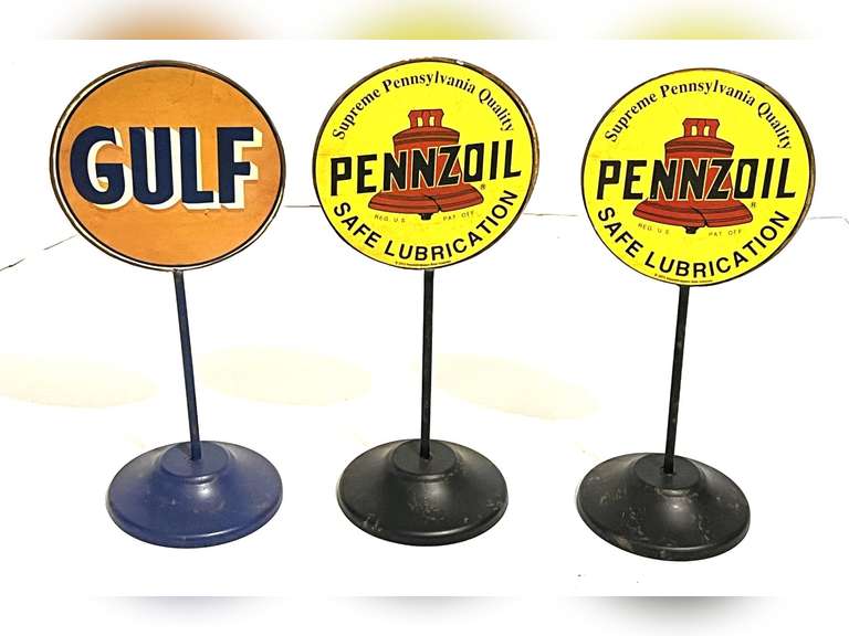 Round miniature oil signs with stand, set of three, see pictures for details. image